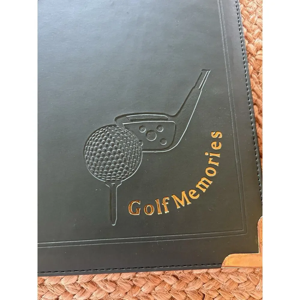 Vtg Golf Memories‎ Photo Album Golf Binder Green Faux Leather 30 Pages Brass